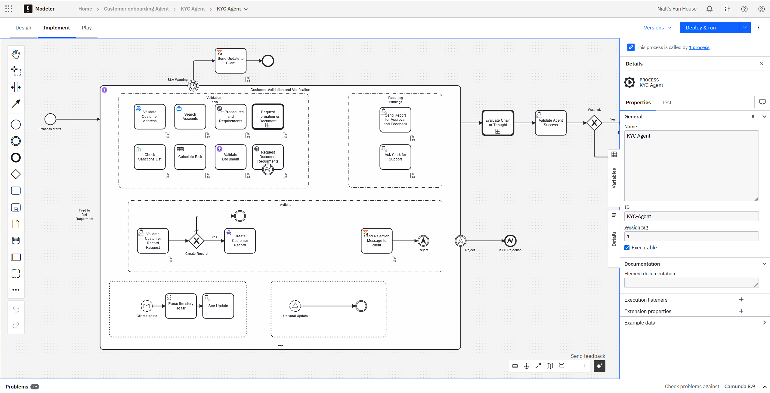 Camunda Modeler showing the KYC Agent BPMN process