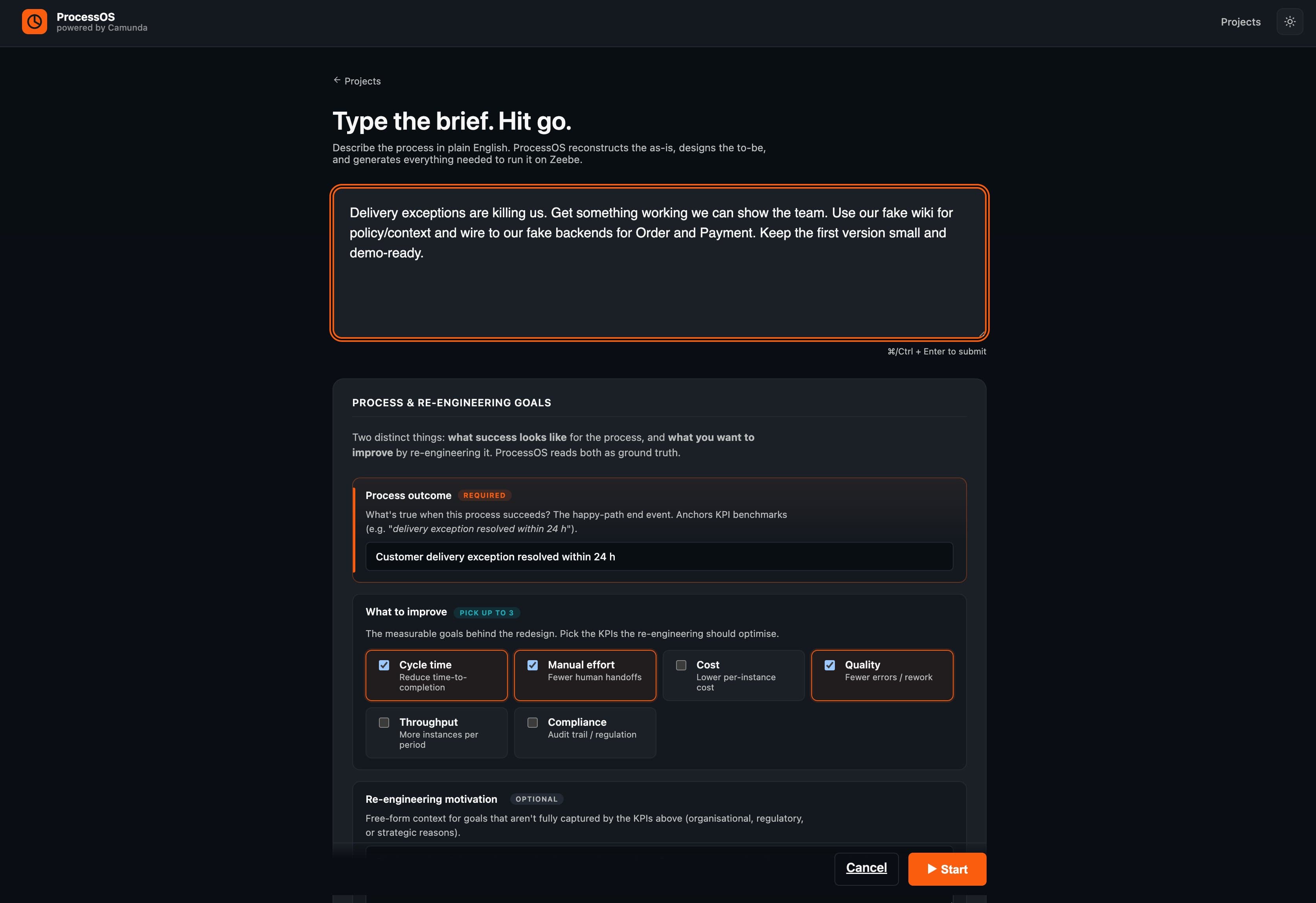 ProcessOS brief input showing plain English process description and KPI selection (Cycle time, Manual effort, Quality, Cost, Throughput, Compliance)