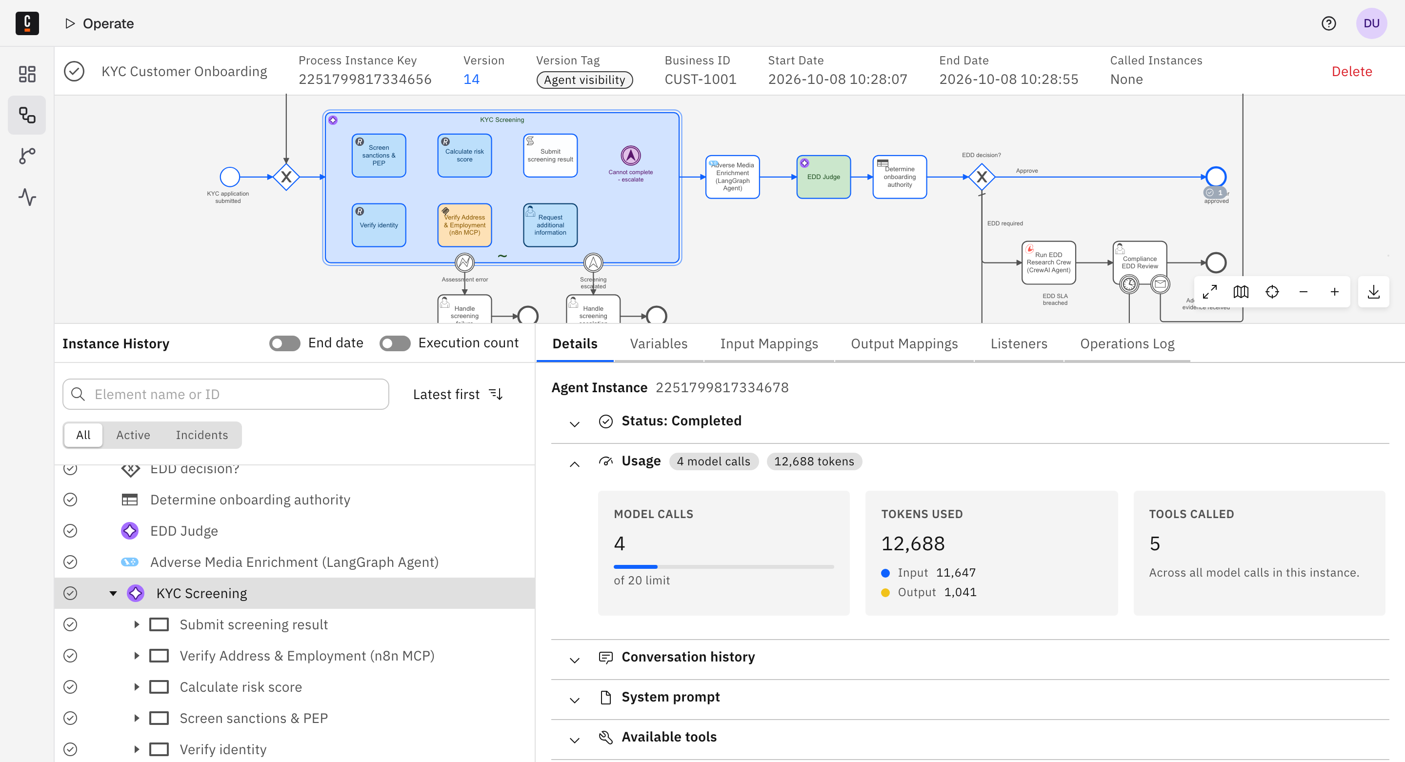 Operate showing a KYC customer onboarding process with a KYC Screening agent subprocess, and the agent instance details: status, model calls, tokens used and tools called, with conversation history, system prompt and available tools