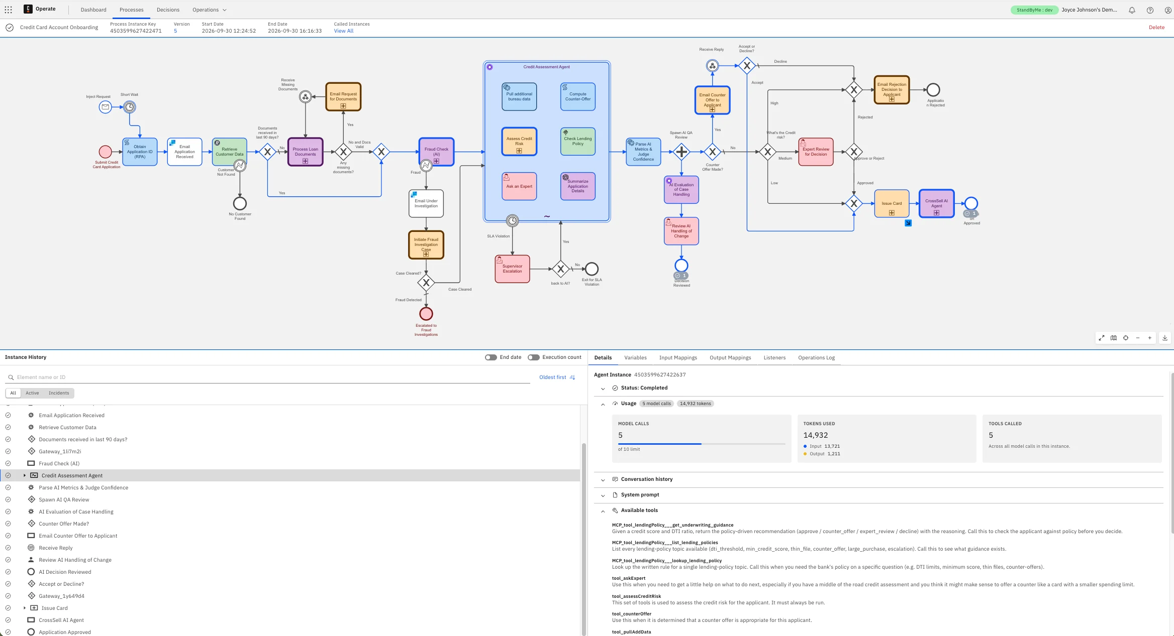 Operate showing a credit card onboarding process with a Credit Assessment Agent subprocess, and the agent instance detail panel listing model calls, tokens used and available tools