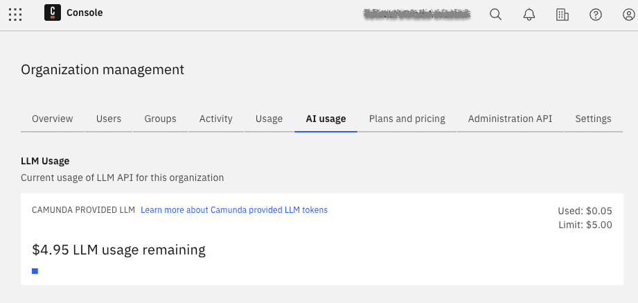 Figure 3: Console AI usage view showing current spend against the available Camunda-provided LLM budget.
