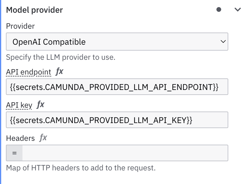 Figure 2: AI Agent connector configuration using the Camunda-provided LLM endpoint and API key.