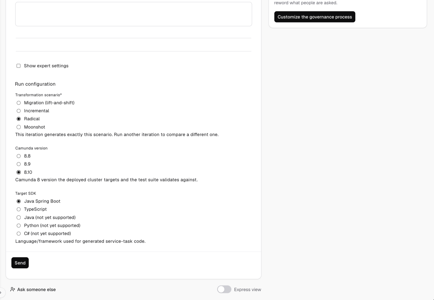 ProcessOS run configuration for build and deploy: transformation scenario, Camunda version and target SDK