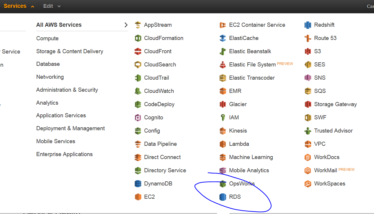 RDS encircled in the AWS Services menu