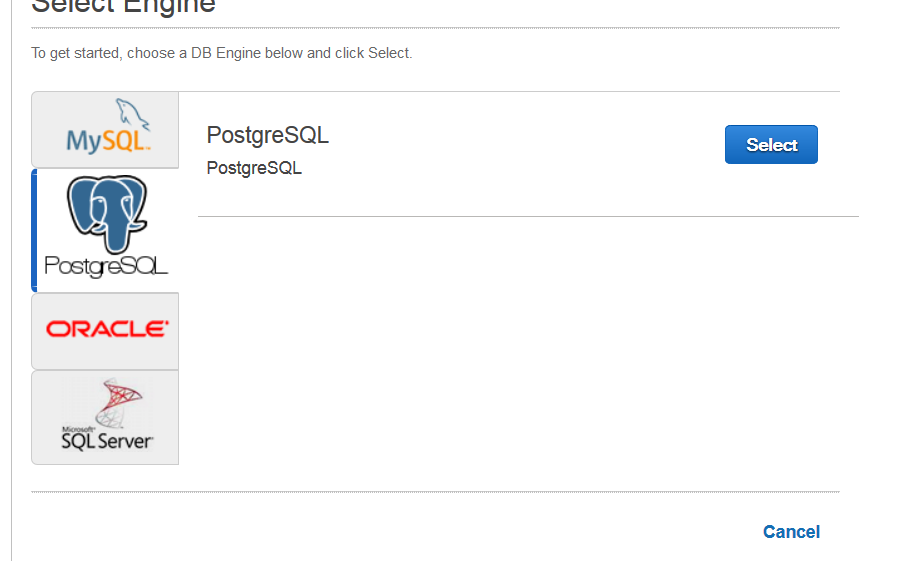 PostgreSQL database selected