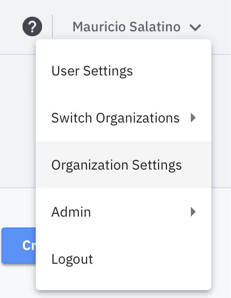 Selecting Organization settings from menu
