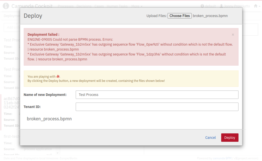 Screenshot of deployment error