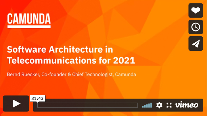 Video thumbnail showing the cover slide for a presentation by Camunda co-founder Bernd Ruecker about software architecture in telecommunications for 2021
