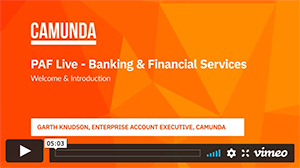 Video thumbnail showing the cover slide for a Camunda presentation about PAF Live - Banking and Financial Services
