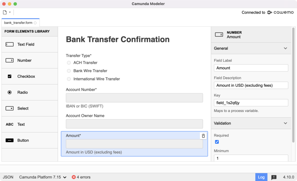 bank transfer user task form
