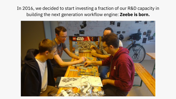 Camunda team members deciding to start investing a fraction of R&D into Zeebe, the next-generation workflow engine