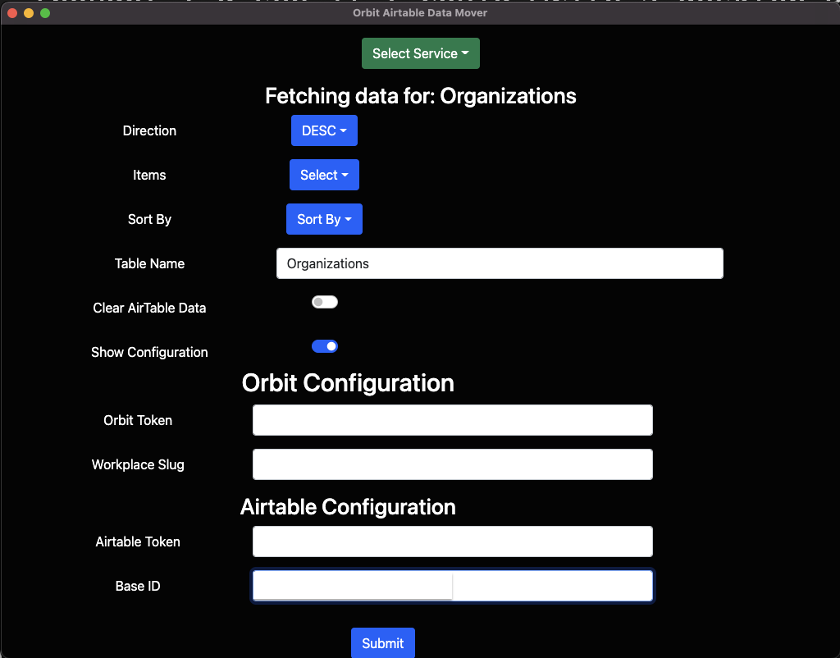 Screenshot of the application's interface showing the Data Fetch Details and configuration options for Orbit and Airtable