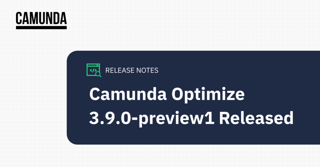 Title slide that reads, "Camunda Optimize 3.9.0-preview1 Released"