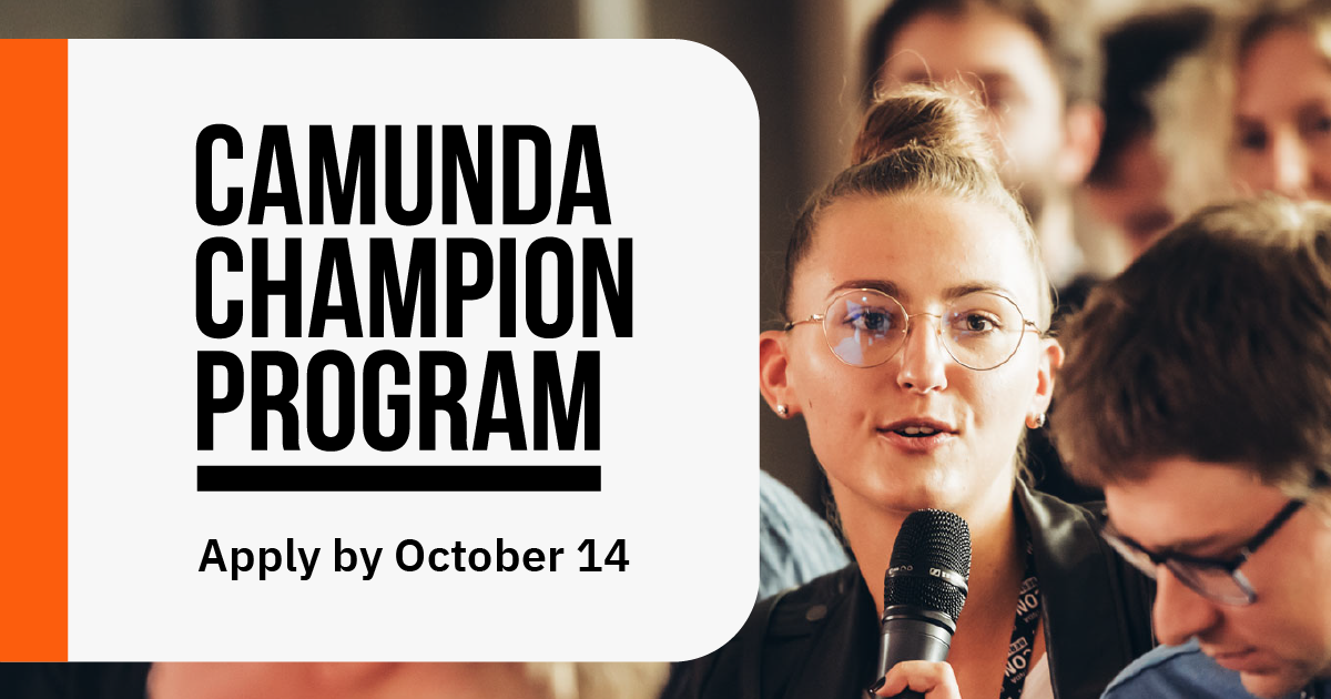 A featured image that reads "Camunda Champion Program" and featuring a woman holding a microphone