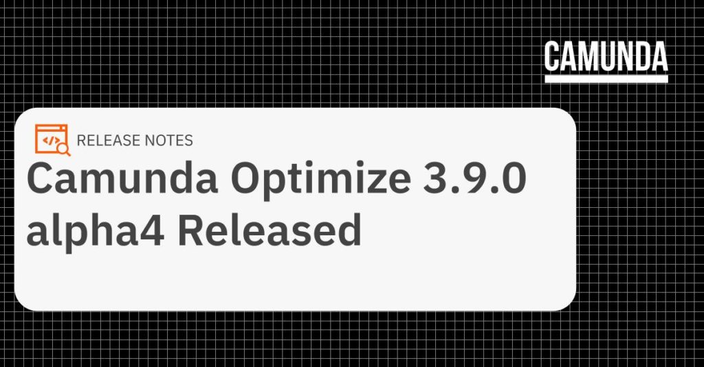 Title slide that reads, "Camunda Optimize 3.9.0 alpha4 Released"