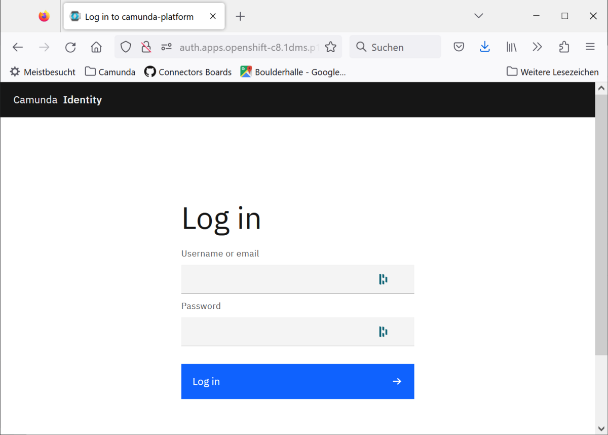 The log in screen, with fields for username and password