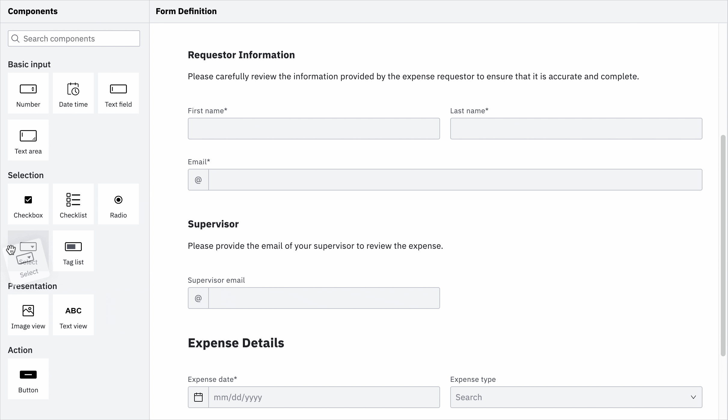 Easily dragging and dropping form fields in the Camunda Form Editor.