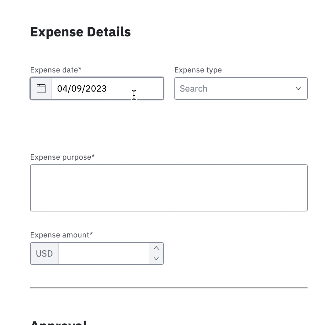 Conditional logic on display in the form, showing that based on the "Travel" type of expense selected in one field that different subsequent fields of "travel start" and "travel end" are displayed.