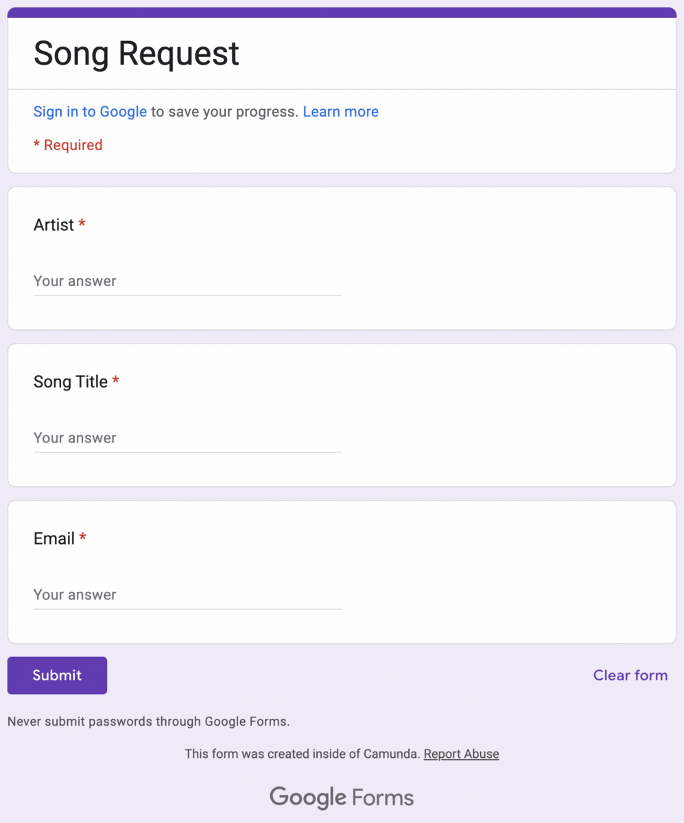 The Google Form with fields for Artist, Song Title and Email.