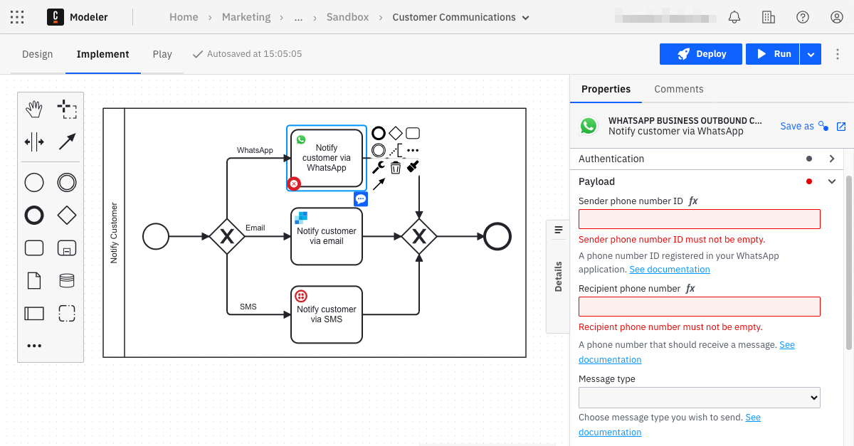 An image of a BPMN diagram showing the Camunda WhatsApp Business Connector in action.