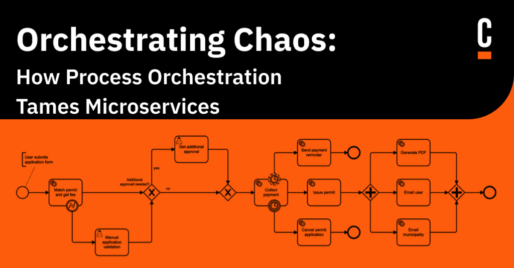 Black and orange image with a line diagram. Text reads Orchestrating Chaos: How Process Orchestration Tames Microservices