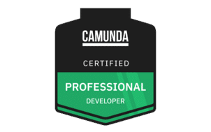 Black and green badge reads Camunda Certified Professional Developer