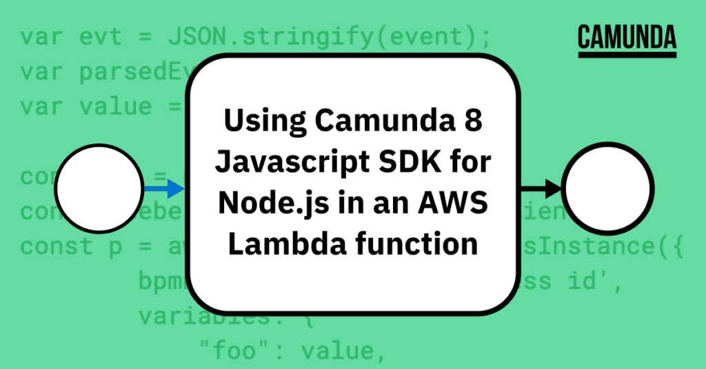 Green banner that reads Using Camunda 8 JavaScript SDK for Node.js in an AWS Function