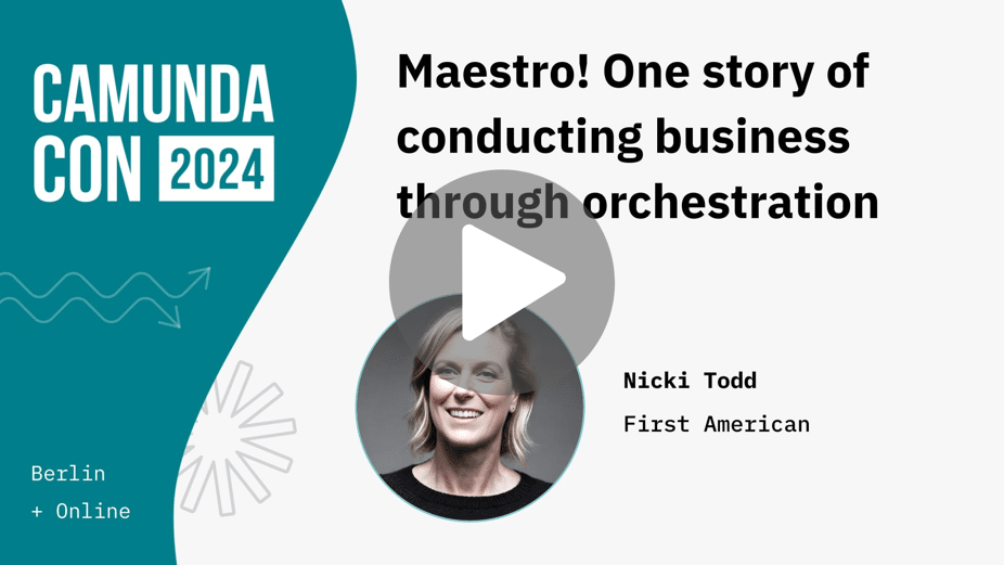 A banner image showing Nicki Todd's presentation: "One story of conducting business through orchestration"