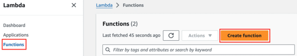 Sidebar showing Functions selected and Create function button highlighted