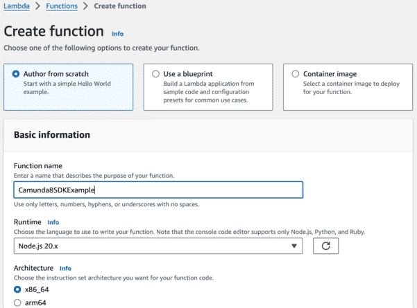 Create function window with Author from scratch radio button selected