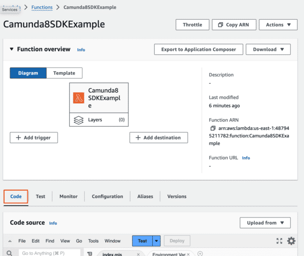 The Code tab for the Camunda8SDKExample function overview, showing the code source and Test button