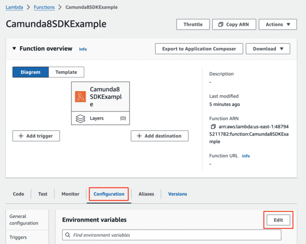 Function overview screen for Camunda8SDKExample