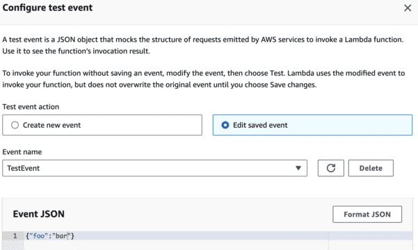 The Configure test event page with the Edit saved event radio button selected