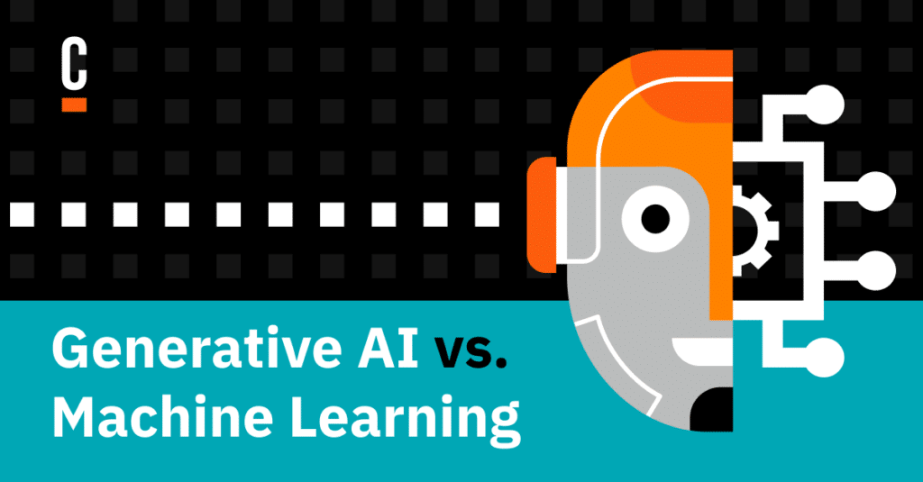 Black and teal banner shows a robot head above the title "Generative AI vs. Machine Learning"