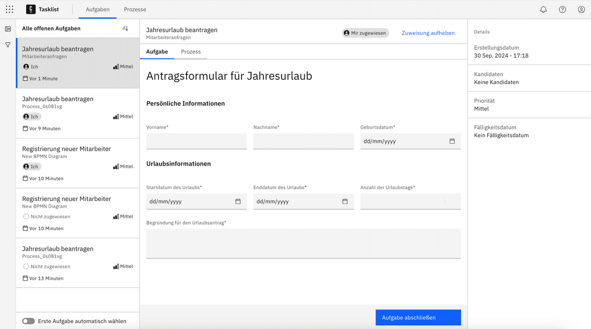 Tasklist interface in German