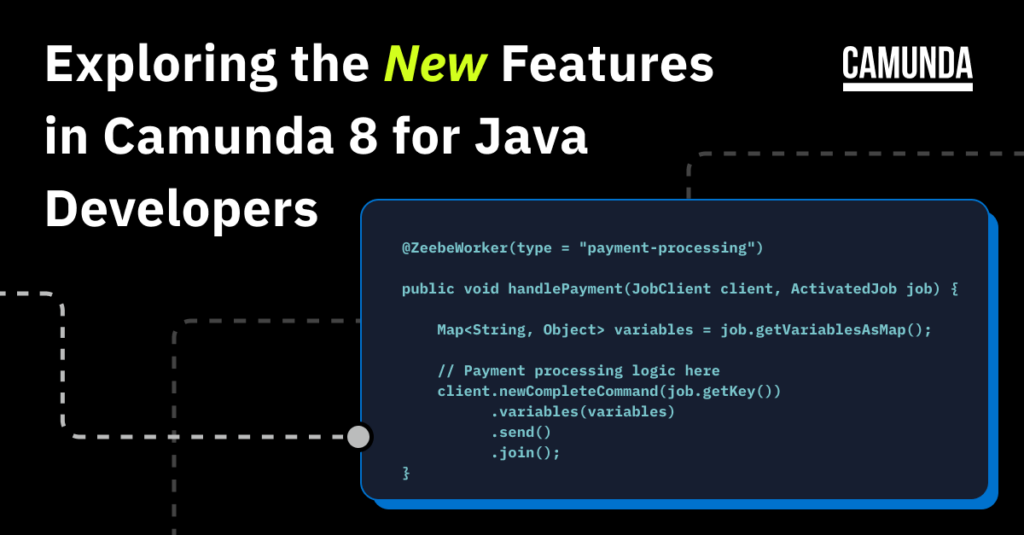 Black banner with code block reads "Exploring the New Features in Camunda 8 for Java Developers"