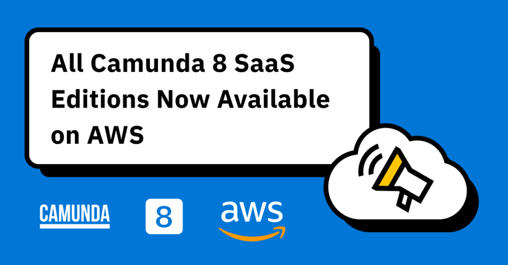 Blue banner shows a megaphone and reads "All Camunda 8 SaaS Editions Now Available on AWS"