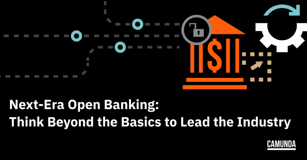 Black banner with orange graphic of a bank. White text reads "Next-Era Open Banking: Think Beyond the Basics to Lead the Industry"