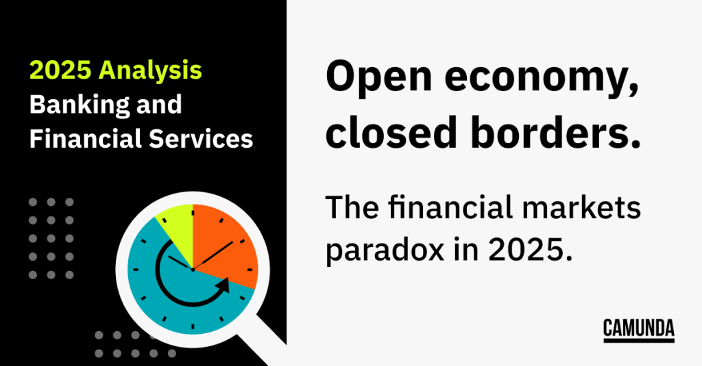 Half black, half white banner with a multicolored compass reads "Open economy, closed borders. The financial markets paradox in 2025."