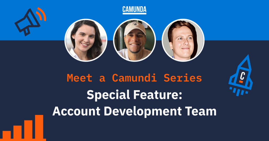 Blue banner with three profile photos. From left to right, a brunette woman in a white shirt, a man with a beard and a ball cap, and a man in a blue shirt. The banner reads: Special Feature: Account Development Team