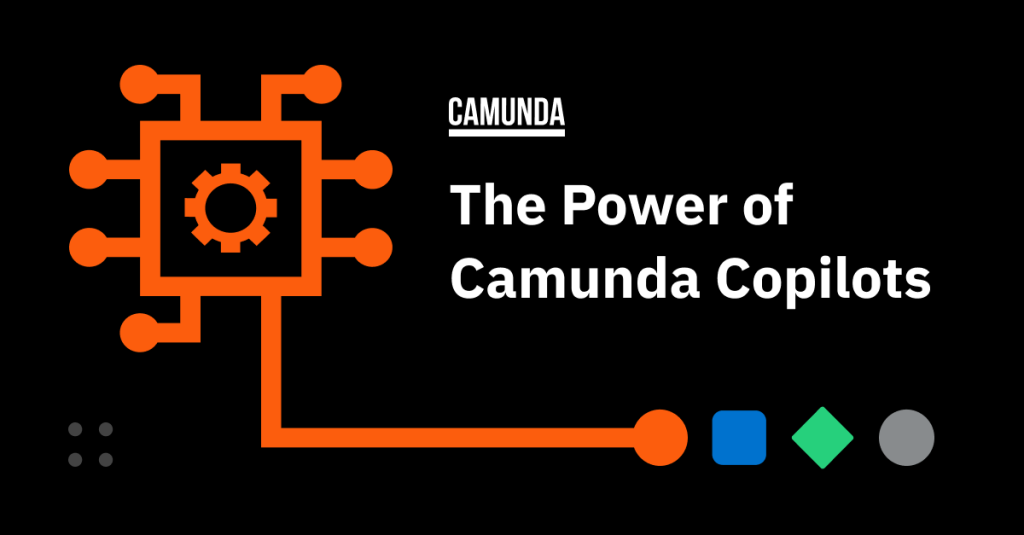 Black background with orange, blue, and green geometric patterns. White text reads "The Power of Camunda Copilots"