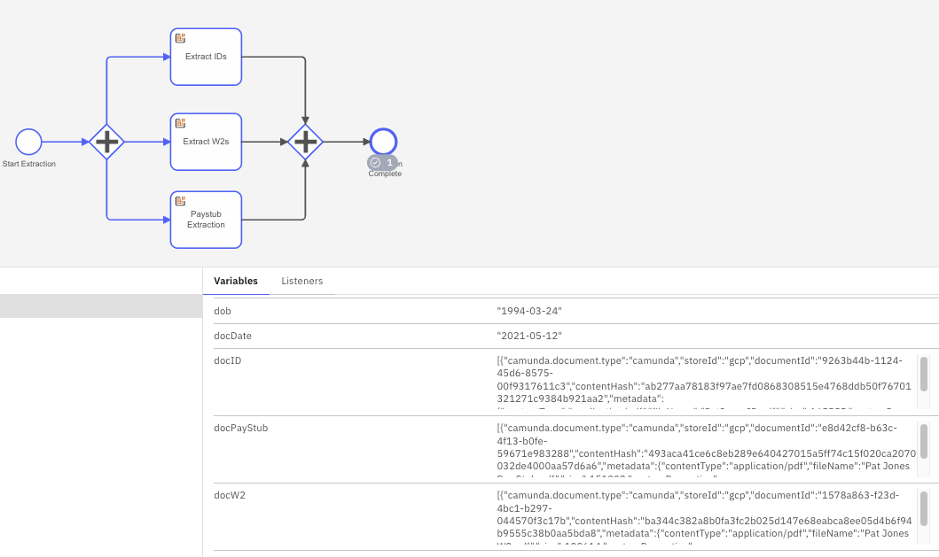 Screenshot of results in Camunda Operate for IDP data extraction