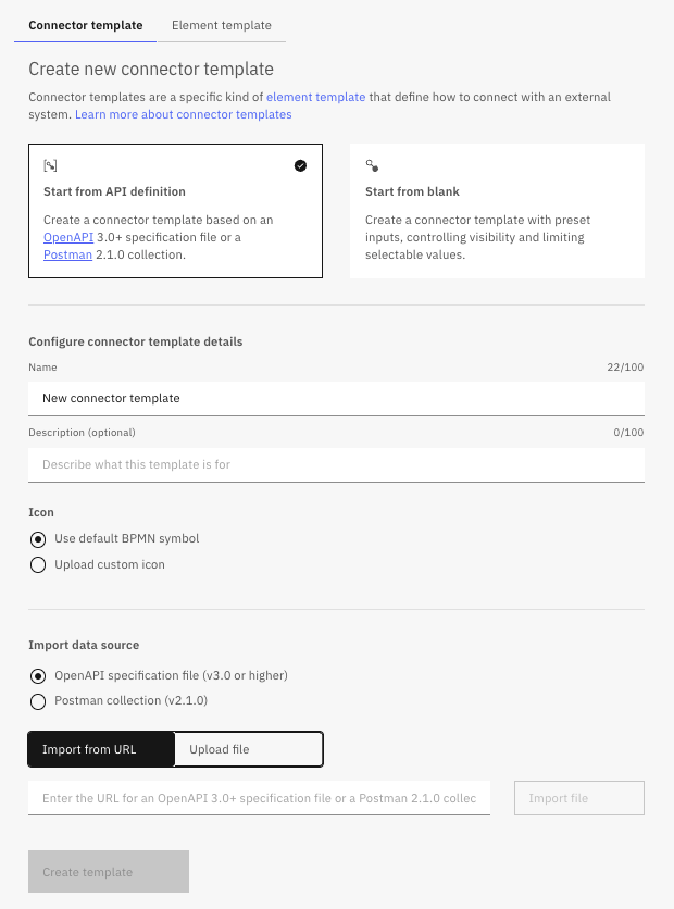 screenshot of a completed dialog for creating a new connector template in Camunda Web Modeler