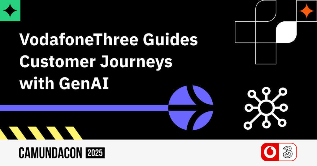 Black banner reads "VodafoneThree Guides Customer Journeys with GenAI"