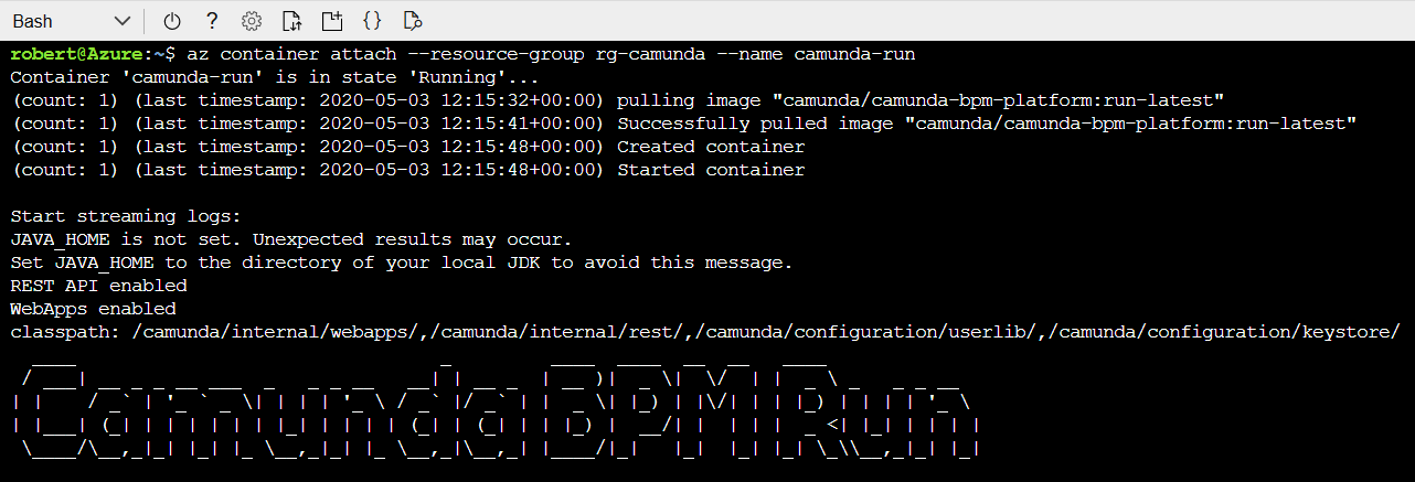 Azure Cloud Shell attached to Camunda BPM Run Container Instance