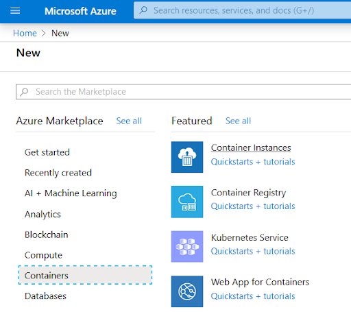 Azure Portal Containers Section