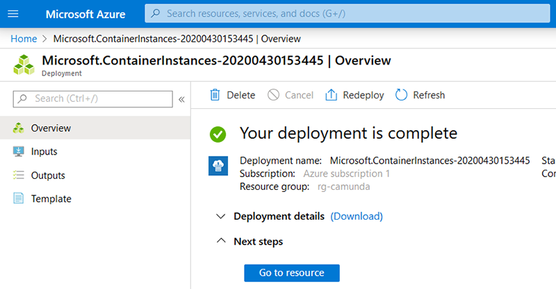 Container Instance Overview with completed Deployment