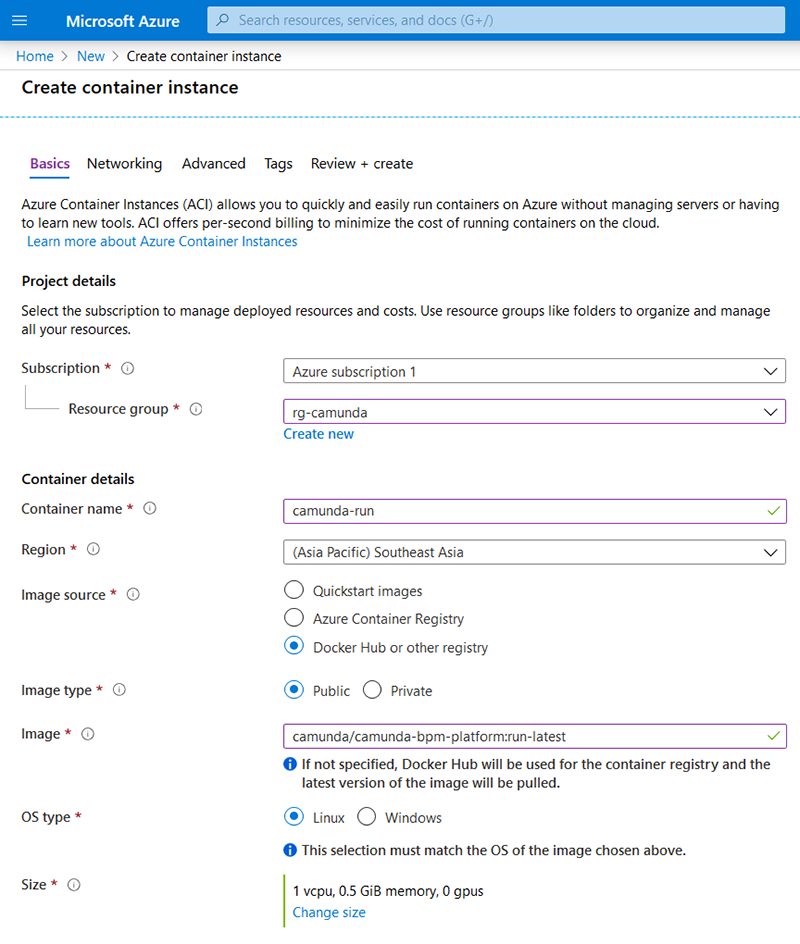 Container Image configuration for Camunda BPM Run on Microsoft Azure