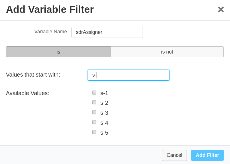 variable filter options screenshot
