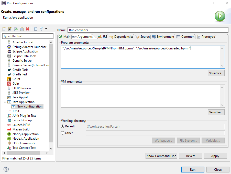 Run Configurations Arguments tab Screenshot